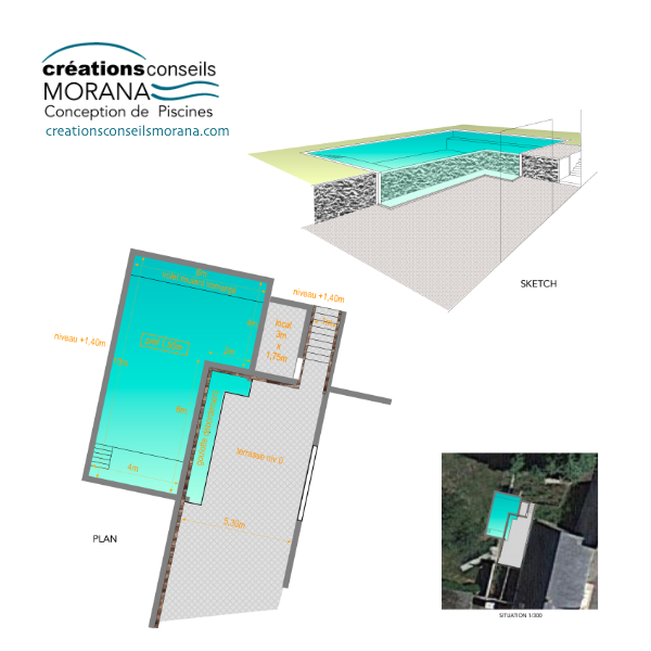 Vue en plan et en 3D d’une piscine à débordement en cascade avec intégration paysagère sur terrain en pente