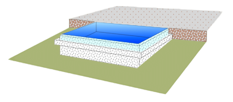 Dessin de conception d'une piscine implantée sur un terrain en pente marquée environ 30%