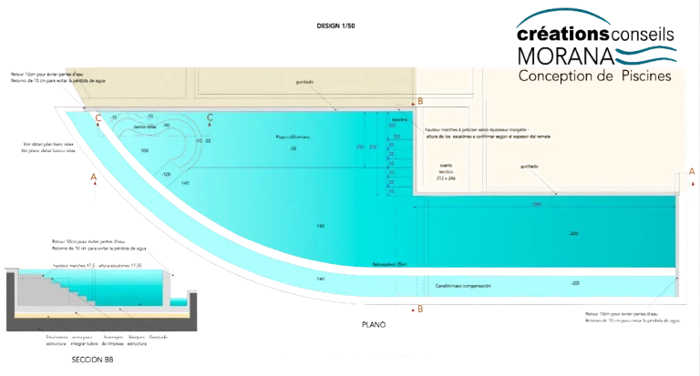 Plan de construction et coupe d'une piscine à débordement avec spa intégré, y compris goulotte/tampon en Catalogne, Espagne