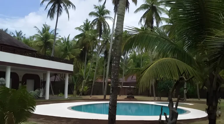 Piscine à débordement miroir entourée de palmiers dans un jardin tropical à Assinie, Côte d'Ivoire
