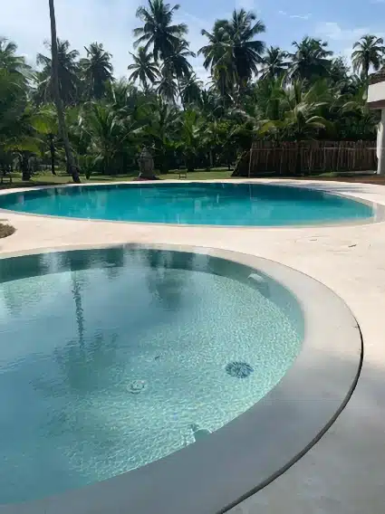 Piscine miroir à débordement en forme libre avec pataugeoire circulaire au premier plan, intégrée dans une terrasse continue