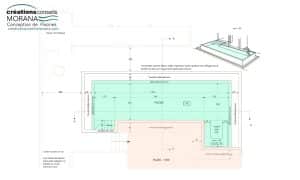 Plan d’implantation de la piscine avec perspective 3D, terrasse et banc de massage intégré