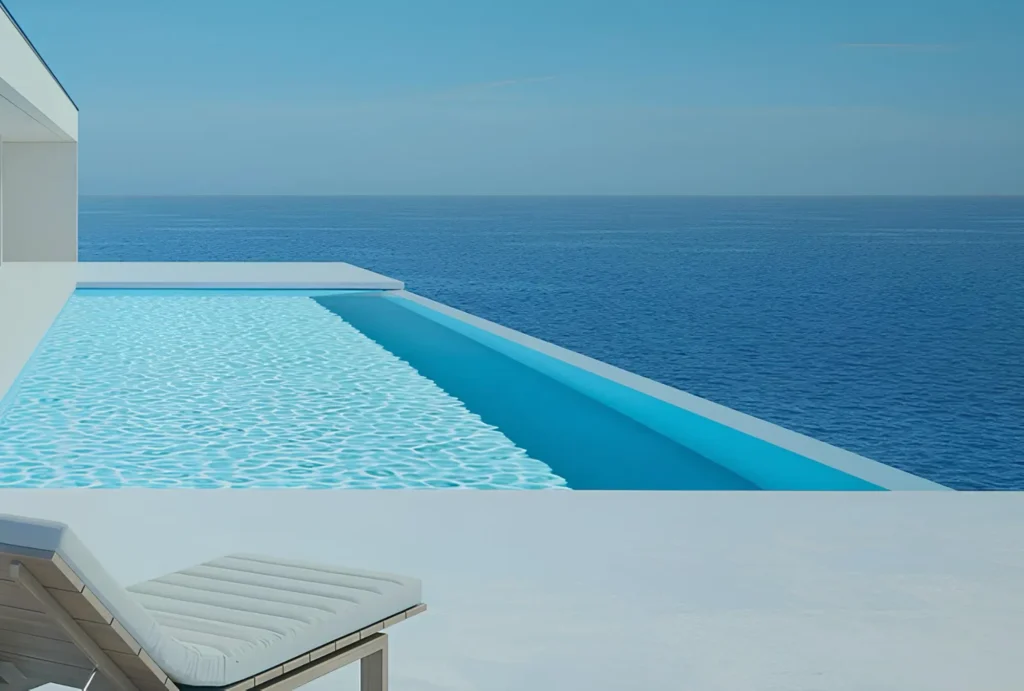 Eau d'une piscine à débordement Morana avec plage Californienne vue sur mer